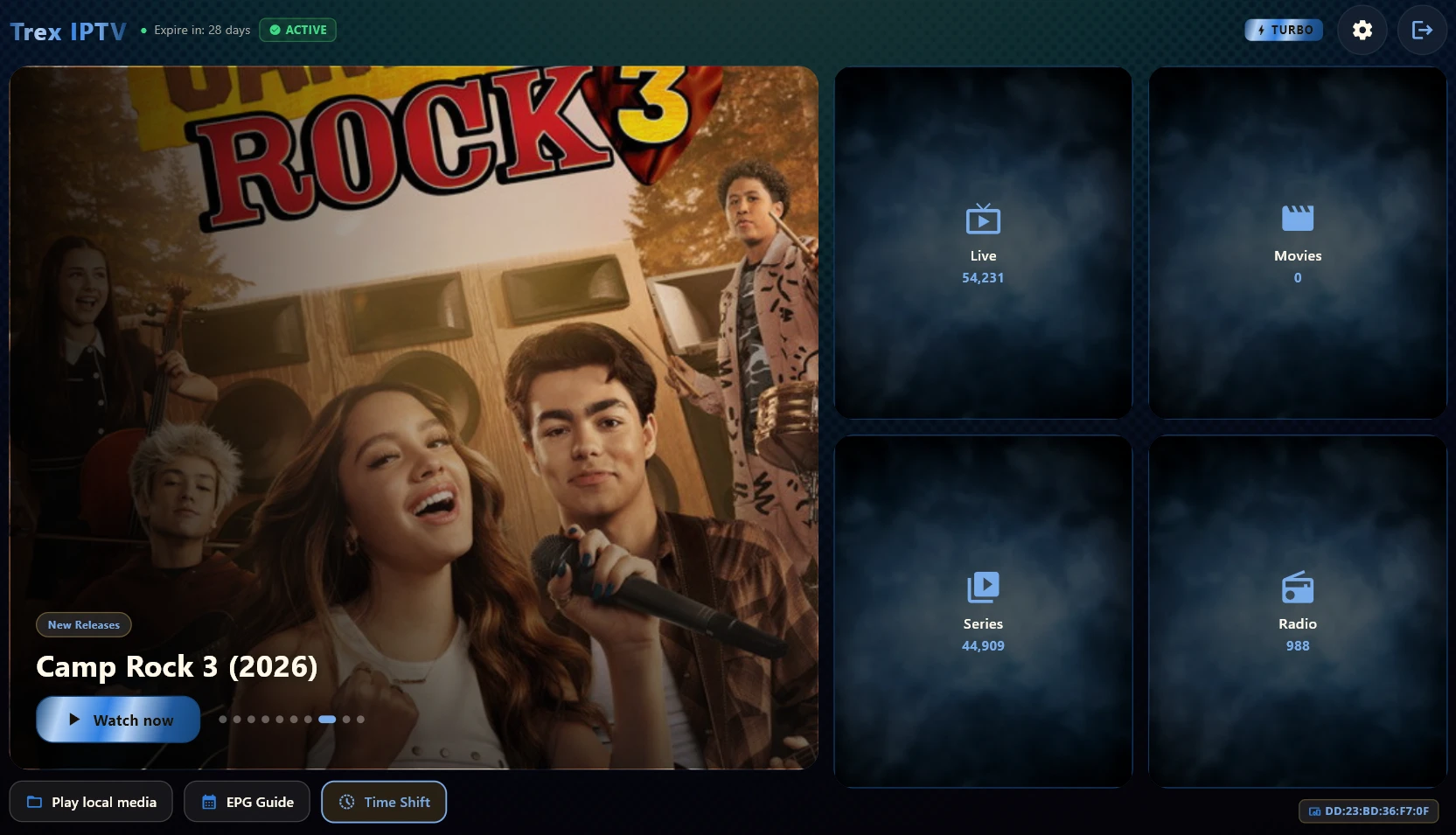 Trex IPTV home screen showing channel categories