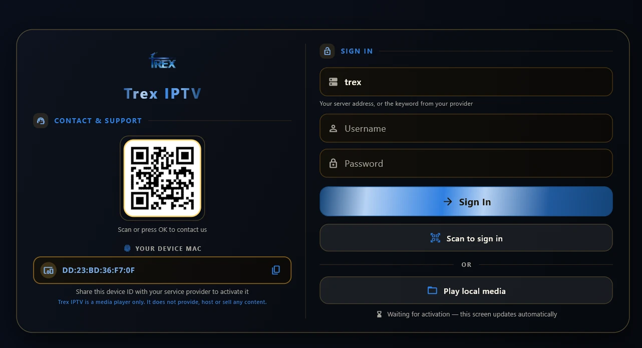 Trex IPTV Xtream Codes login screen